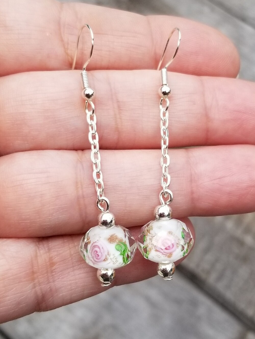 Sterling Silver White Lampwork Glass Bead Dangle Earrings, Floral Glass Dangle